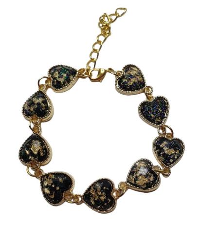 BRACELET COEURS NOIRS ET FEUILLES D'OR